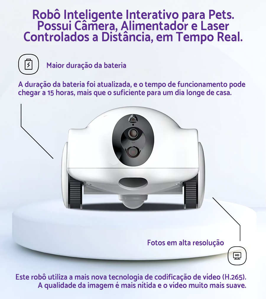Robô interativo Inteligente para pets - com câmera, alimentador e laser, Acompanhe em tempo real
